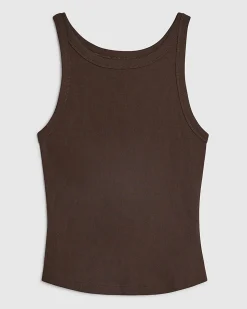 Brown Cotton Blend Sleeveless Ribbed Tank Top
