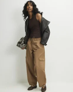 Brown Cotton Blend Sleeveless Ribbed Tank Top