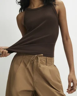 Brown Cotton Blend Sleeveless Ribbed Tank Top