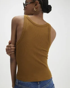 Brown Cotton Blend Sleeveless Ribbed Tank Top