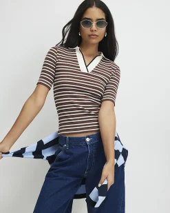 Brown Cotton Blend Striped Polo Top