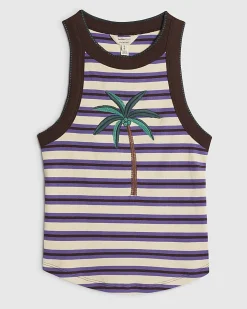 Brown Cotton Blend Stripe Palm Tree Tank Top