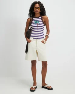 Brown Cotton Blend Stripe Palm Tree Tank Top