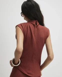 Brown Cotton Blend Textured Grown On Neck Top