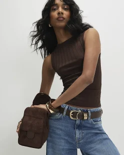 Brown Cotton Blend Wide Ribbed Tank Top