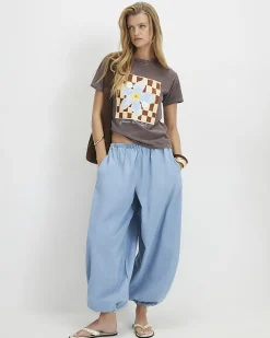Brown Cotton Checkerboard Flower T-Shirt