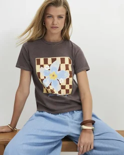 Brown Cotton Checkerboard Flower T-Shirt