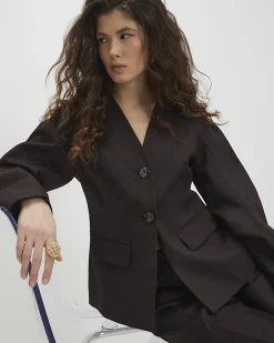 Brown Cotton Collarless Blazer