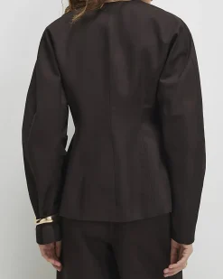 Brown Cotton Collarless Blazer