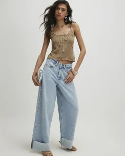Brown Cotton Embellished Flower Knit Cami Top