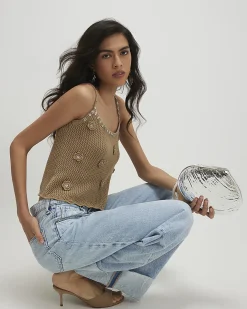 Brown Cotton Embellished Flower Knit Cami Top