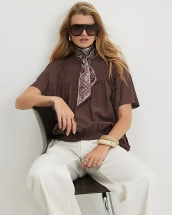 Brown Cotton Hybrid Bubble Hem T-Shirt