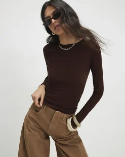 Brown Cotton Long Sleeve Semi Sheer Top