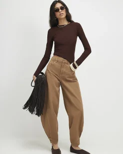 Brown Cotton Long Sleeve Semi Sheer Top