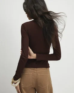 Brown Cotton Long Sleeve Semi Sheer Top