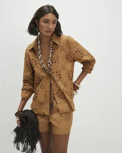 Brown Cotton Poplin Broderie Shirt