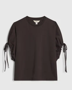 Brown Cotton Ruched Sleeve T-Shirt