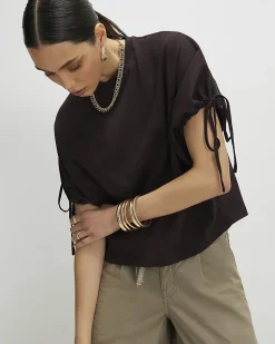 Brown Cotton Ruched Sleeve T-Shirt