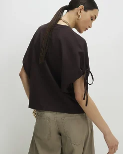 Brown Cotton Ruched Sleeve T-Shirt