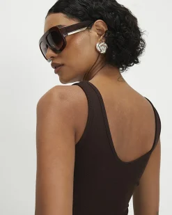 Brown Cotton Scoop Neck Seam Trim Bodysuit