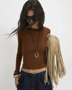 Brown Cotton Semi Sheer Long Sleeve Top