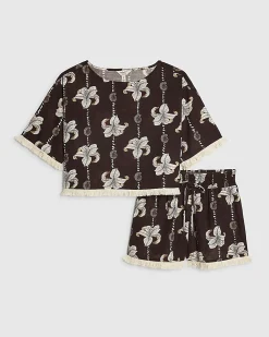 Brown Cotton Shell Print Top And Shorts Set