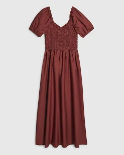 Brown Cotton Shirred Midi dress