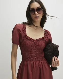 Brown Cotton Shirred Midi dress