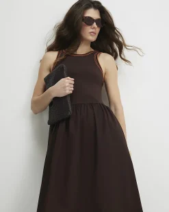 Brown Cotton Sleeveless Whipstitch Maxi Dress