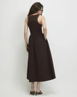 Brown Cotton Sleeveless Whipstitch Maxi Dress