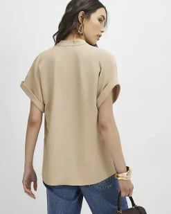 Brown Crepe Notch Neck T-Shirt