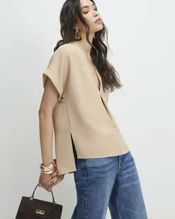 Brown Crepe Notch Neck T-Shirt