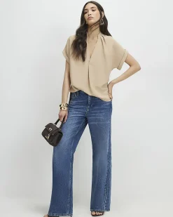 Brown Crepe Notch Neck T-Shirt