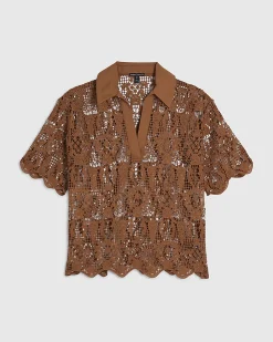 Brown Crochet Polo Top