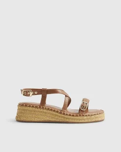Brown Cross Strap Wedge Sandals
