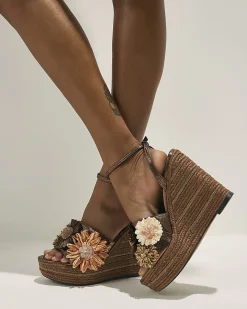 Brown 3D Raffia Flower Wedges