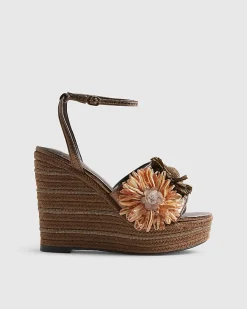 Brown 3D Raffia Flower Wedges