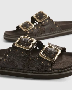 Brown Double Strap Scallop Footbed Sandals