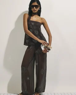 Brown Embellished Wide Leg Beach Trousers