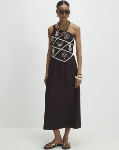Brown Embroidered One Shoulder Maxi Dress