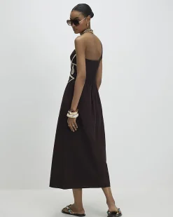 Brown Embroidered One Shoulder Maxi Dress