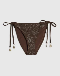Brown Embroidered Tie Side Bikini Bottoms