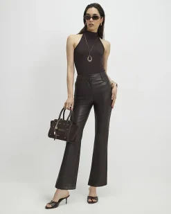Brown Faux Leather Cropped Flared Trousers