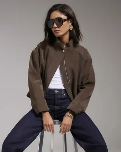 Brown Faux Leather Funnel Neck Bomber Jacket