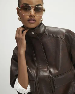 Brown Faux Leather Funnel Neck Bomber Jacket