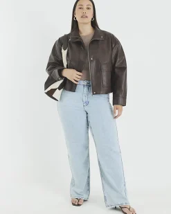 Brown Faux Leather Funnel Neck Bomber Jacket