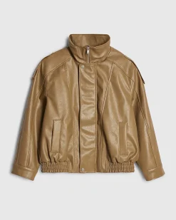 Brown Faux Leather Funnel Neck Jacket