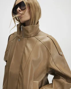 Brown Faux Leather Funnel Neck Jacket
