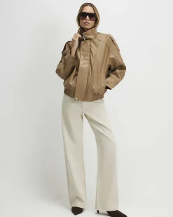 Brown Faux Leather Funnel Neck Jacket