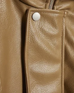 Brown Faux Leather Funnel Neck Jacket